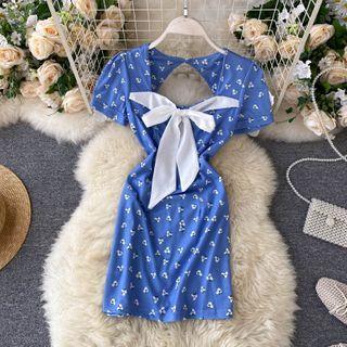 Open-back Bow Print Dress Blue - One Size