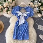Open-back Bow Print Dress Blue - One Size