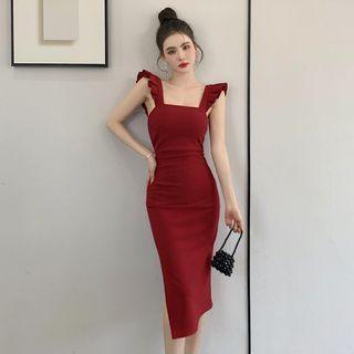 Sleeveless Frill Trim Midi Sheath Dress
