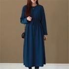 Drawcord-waist Long Dress Dark Blue - One Size