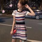 Striped Short-sleeve Knit A-line Dress As Shown In Figure - One Size