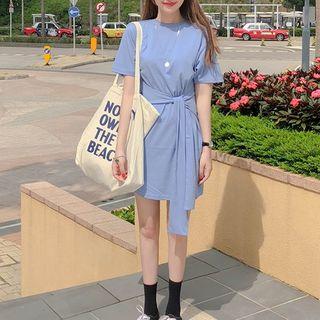 Short-sleeve Tie-waist T-shirt Dress Blue - One Size