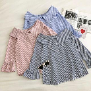 Color-block Striped Single-breasted Flare-sleeve Blouse