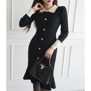 Knit-collar Faux-pearl Midi Mermaid Dress Black - One Size
