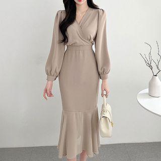 Balloon-sleeve Ruffle Hem Midi Sheath Dress
