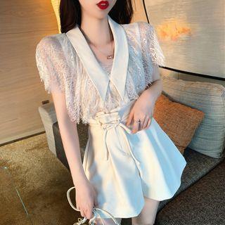 Set: Pointed Collared Lace Top + A-line Shorts