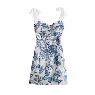 Spaghetti-strap Flower Print Mini A-line Dress