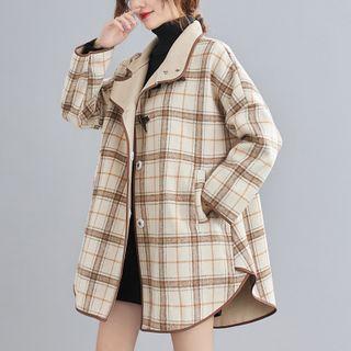 Stand-collar Plaid Toggle-front Jacket