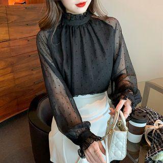 Long-sleeve Mock-neck Dotted Chiffon Blouse