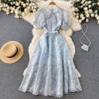 Puff-sleeve Ribbon Lace Midi A-line Dress
