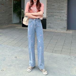 Heart Embroidery Mid Rise Straight Leg Jeans
