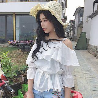 Cut Out Shoulder 3/4 Sleeve Chiffon Top / Flower Embroidered Denim Shorts