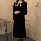 Long-sleeve Bow Midi A-line Dress Black - One Size