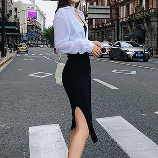 Set: Plain Shirt + Spaghetti-strap Knit Dress