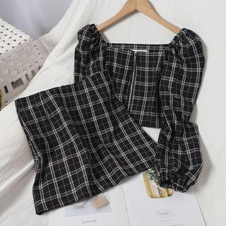 Set: Plaid Puff-sleeve Blouse + Mini Pencil Skirt