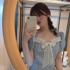 Ribbon Gingham Short-sleeve Mini A-line Dress