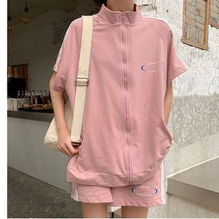 Striped Printed Elbow-sleeve Zip Jacket / High-waist Wide-leg Shorts