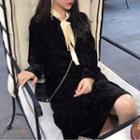 Long-sleeve Frill Trim Velvet A-line Dress