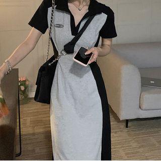 Short-sleeve Collar Two-tone Midi T-shirt Dress