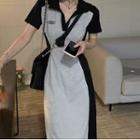 Short-sleeve Collar Two-tone Midi T-shirt Dress