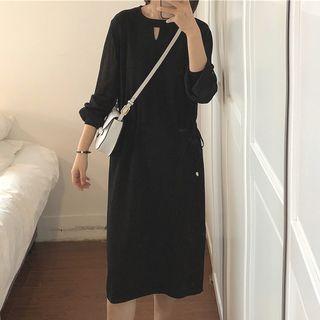 3/4-sleeve Tie-waist Midi T-shirt Dress Black - One Size