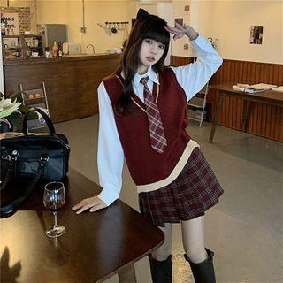 Tie-neck Shirt / Sweater Vest / Plaid Mini Skirt