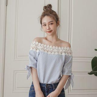 Elbow-sleeve Off-shoulder Lace Panel Plaid Blouse