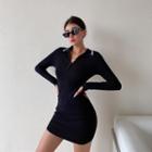 Long Sleeve Striped Collar Bodycon Polo Dress