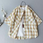 Short-sleeve Plaid Stand Collar Linen Blend Shirt