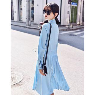 Pleated Hem Tie Neck Long Sleeve Dress
