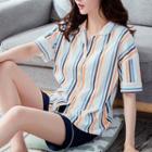 Loungewear Set : Striped Short-sleeve Top +solid Color Shorts