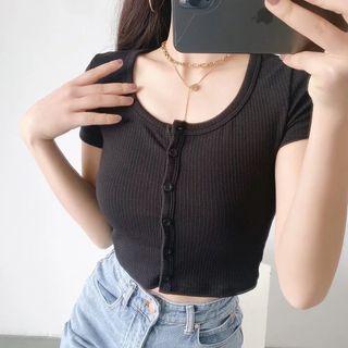 Short-sleeve Ribbed Knit Button-up Cropped Top