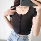Short-sleeve Ribbed Knit Button-up Cropped Top