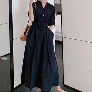 Short Sleeve Collarless Plain Midi Shirt Dress