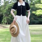 Set: Short-sleeve Collar Top + Midi A-line Skirt