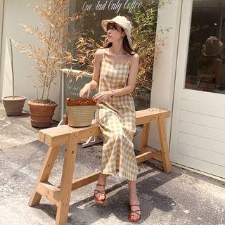 Gingham A-line Long Pinafore Dress