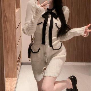 Ribbon Contrast Trim Knit Mini Sheath Dress