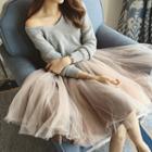 Set: V-neck Sweater + Mesh A-line Skirt