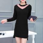 Lace-panel Knit Dress Black - One Size