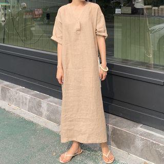 Short-sleeve Buttoned Maxi Shift Dress