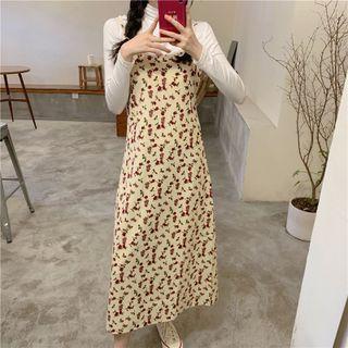 Floral Print Midi A-line Overall Dress / Long-sleeve Mock-neck Top