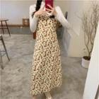 Floral Print Midi A-line Overall Dress / Long-sleeve Mock-neck Top