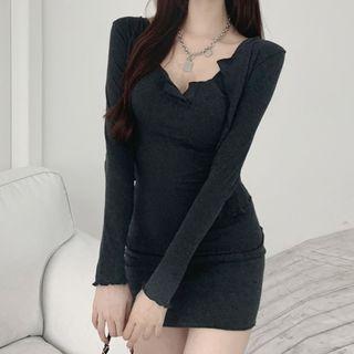 Set: Mini Sheath Tank Dress + Cardigan Set - Gray - One Size