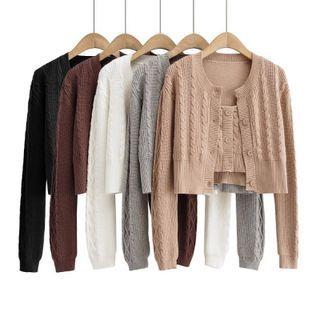 Set: Long Sleeve Cable-knit Crop Cardigan + Camisole Top