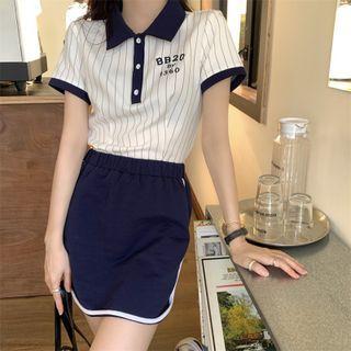 Short-sleeve Lettering Striped Polo Shirt / High-waist Contrast Trim Skirt