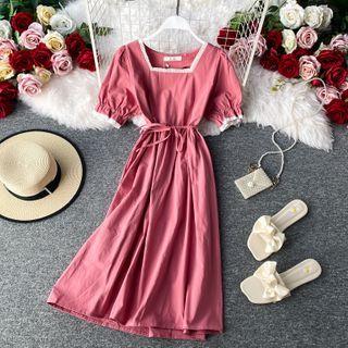 Tie-waist Square-neck Chiffon Midi Dress