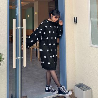 Balloon-sleeve Polka Dot Knit Dress