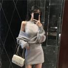 Set: V-neck Sweater + Sleeveless A-line Knit Dress