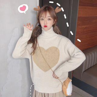 Heart Jacquard Turtle-neck Sweater