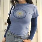 Mock Two-piece Long Sleeve Daisy Print Lettering T-shirt